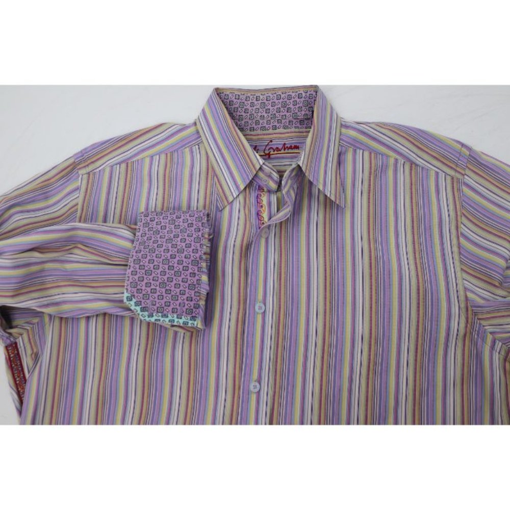 Robert Graham Shirt Mens L Cotton Purple Striped Button Up Long Sleeve Flip Cuff
